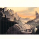 Concept art shows a large robot and a human standing on a cliff above a large rocky landscape.